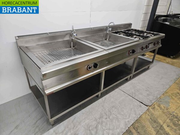Gico Baking line en acier inoxydable Cuisinière 4 feux avec 2 x double bain marie GAS/400V Horeca – Image 3