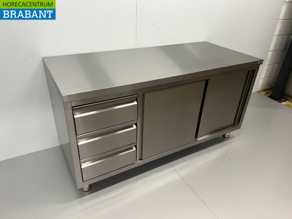 Armoire de travail en acier inoxydable Table de travail Premium-line 2 portes coulissantes et 3 tiroirs 160 cm Restauration – Image 2
