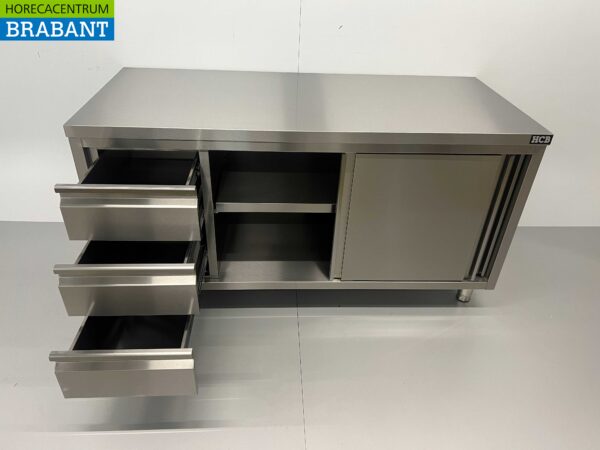 Armoire de travail en acier inoxydable Table de travail Premium-line 2 portes coulissantes et 3 tiroirs 160 cm Restauration – Image 4