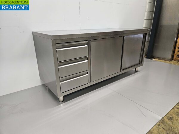 Armoire de travail en acier inoxydable Armoire Table de travail Premium-line 2 portes coulissantes et 3 tiroirs 180 cm Restauration – Image 3