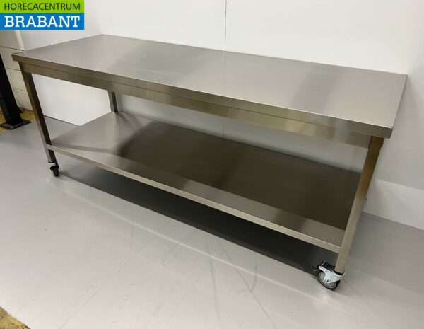 Table de travail mobile sur roulettes en acier inoxydable 200 x 70 x 85 cm Restauration – Image 3