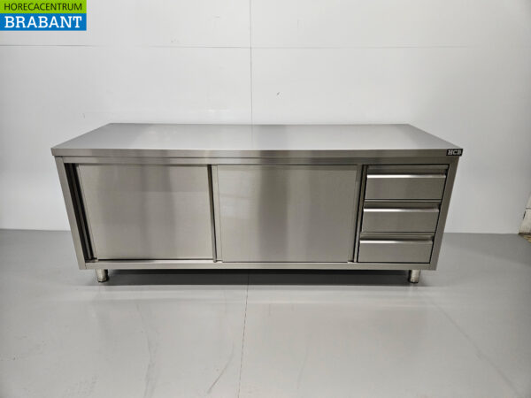 Armoire Premium-line en acier inoxydable Table de travail 2 portes coulissantes et 3 tiroirs 200 cm Restauration