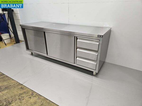 Armoire Premium-line en acier inoxydable Table de travail 2 portes coulissantes et 3 tiroirs 200 cm Restauration – Image 2