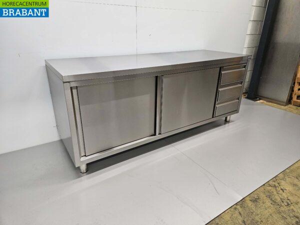 Armoire Premium-line en acier inoxydable Table de travail 2 portes coulissantes et 3 tiroirs 200 cm Restauration – Image 3