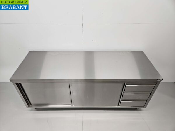 Armoire Premium-line en acier inoxydable Table de travail 2 portes coulissantes et 3 tiroirs 200 cm Restauration – Image 4