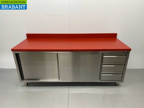 Acier inoxydable Polyéthylène PE Armoire de travail Table de découpe Premium-line 2 portes coulissantes 3 tiroirs 200 cm Restauration Boucherie