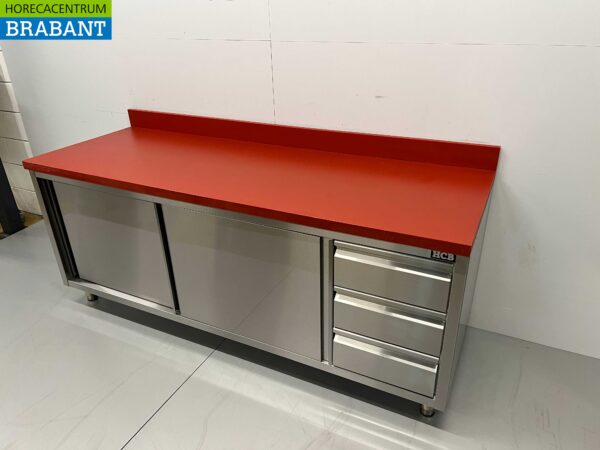 Acier inoxydable Polyéthylène PE Armoire de travail Table de découpe Premium-line 2 portes coulissantes 3 tiroirs 200 cm Restauration Boucherie – Image 2