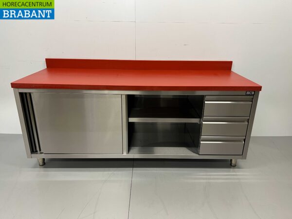 Acier inoxydable Polyéthylène PE Armoire de travail Table de découpe Premium-line 2 portes coulissantes 3 tiroirs 200 cm Restauration Boucherie – Image 4