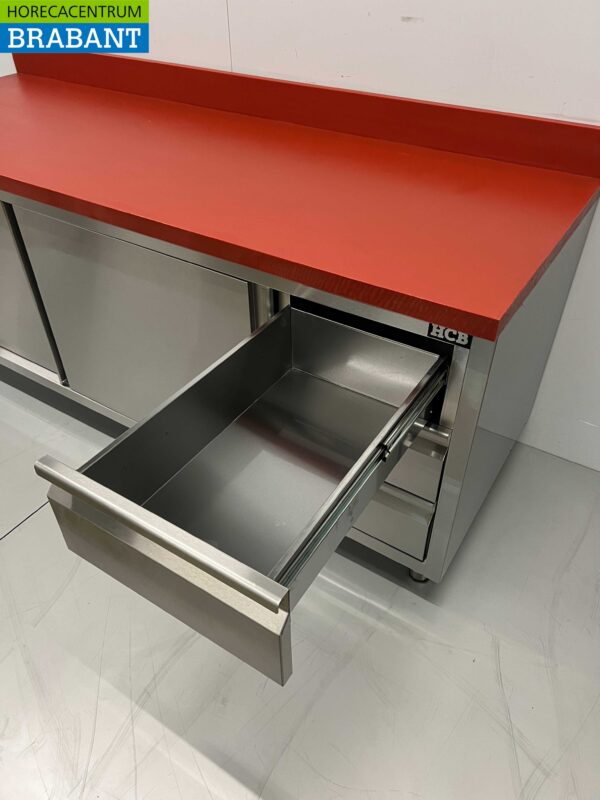 Acier inoxydable Polyéthylène PE Armoire de travail Table de découpe Premium-line 2 portes coulissantes 3 tiroirs 200 cm Restauration Boucherie – Image 5