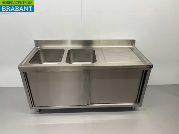 Acier inoxydable Double table d'évier 2 portes coulissantes Premium-line 160 cm Catering