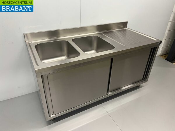 Acier inoxydable Double table d'évier 2 portes coulissantes Premium-line 160 cm Catering – Image 2