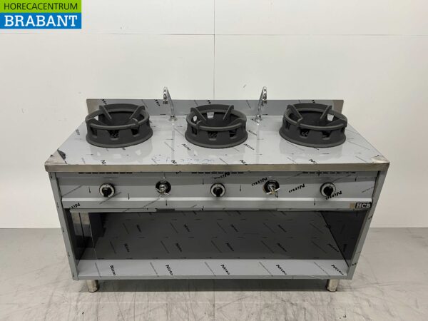 Table wok en acier inoxydable wok cooker 3 brûleurs 39 kW 150 cm Gaz Horeca