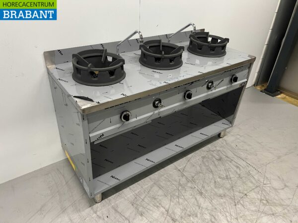 Table wok en acier inoxydable wok cooker 3 brûleurs 39 kW 150 cm Gaz Horeca – Image 3