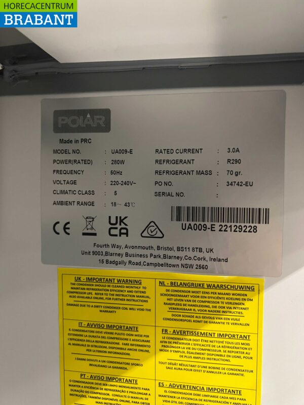 Acier inoxydable Polar UA009 Établi réfrigéré Saladette 1 porte 73,5 cm 230V Horeca – Image 6