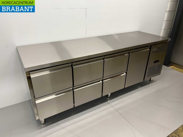 Établi réfrigéré en acier inoxydable 6 tiroirs et 1 porte 223 cm 230V Horeca – Image 3