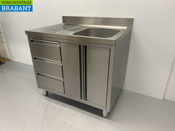 Évier en acier inoxydable Évier portes et tiroirs rabattables 100 cm Traiteur – Image 3
