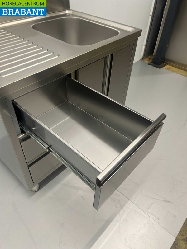 Évier en acier inoxydable Évier portes et tiroirs rabattables 100 cm Traiteur – Image 6