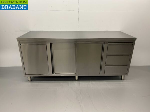 Armoire de travail en acier inoxydable Table de travail 2 portes coulissantes et 3 tiroirs et poubelle 200 cm Horeca