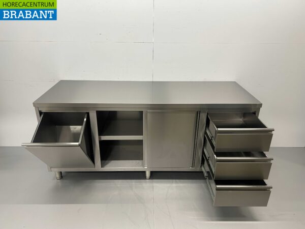 Armoire de travail en acier inoxydable Table de travail 2 portes coulissantes et 3 tiroirs et poubelle 200 cm Horeca – Image 4