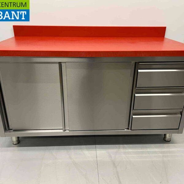 Acier inoxydable HCB Premium-line Polyéthylène PE Armoire Armoire Table à découper 2 portes coulissantes 3 tiroirs 150 cm Restauration Boucherie