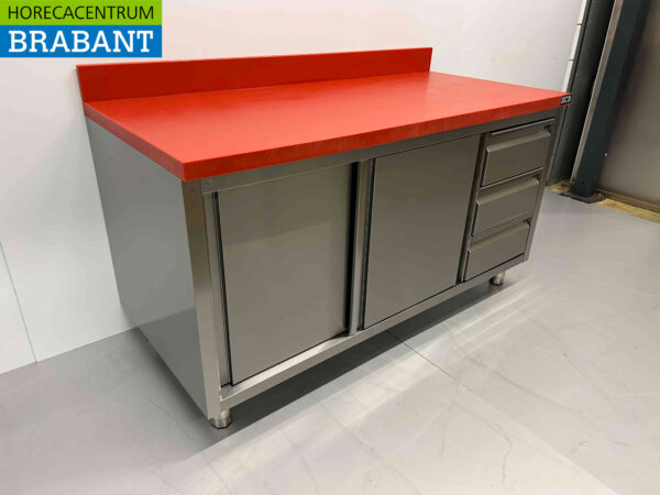 Acier inoxydable HCB Premium-line Polyéthylène PE Armoire Armoire Table à découper 2 portes coulissantes 3 tiroirs 150 cm Restauration Boucherie – Image 3