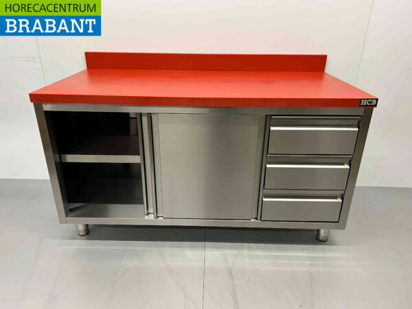 Acier inoxydable HCB Premium-line Polyéthylène PE Armoire Armoire Table à découper 2 portes coulissantes 3 tiroirs 150 cm Restauration Boucherie – Image 4