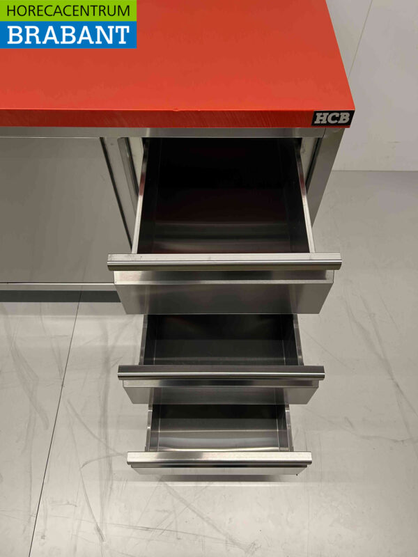 Acier inoxydable HCB Premium-line Polyéthylène PE Armoire Armoire Table à découper 2 portes coulissantes 3 tiroirs 150 cm Restauration Boucherie – Image 5