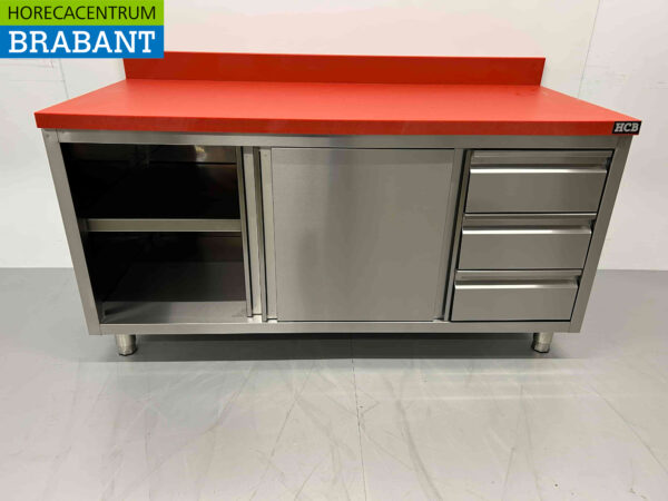Acier inoxydable HCB Polyéthylène PE Armoire Armoire Table à découper 2 portes coulissantes 3 tiroirs 160 cm Restauration Boucherie – Image 5