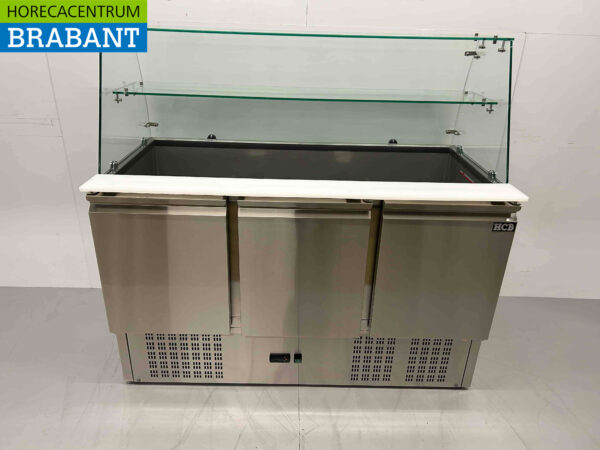 HCB inox Saladette Etabli réfrigéré 3 portes 1/1 GN avec plan en verre 137 cm 230V Horeca