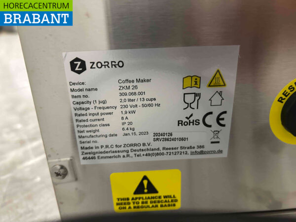 Acier inoxydable Zorro ZKM26 Machine à café Machine à café avec thermos 230V Horeca – Image 4