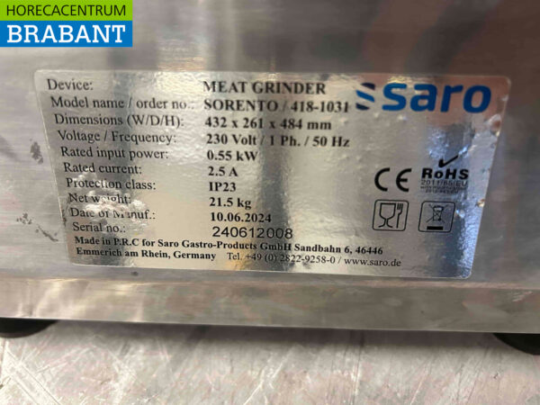 Hachoir Saro en acier inoxydable Hachoir à viande Hachoir à viande 100 kg par heure 230V Boucherie Traiteur – Image 5