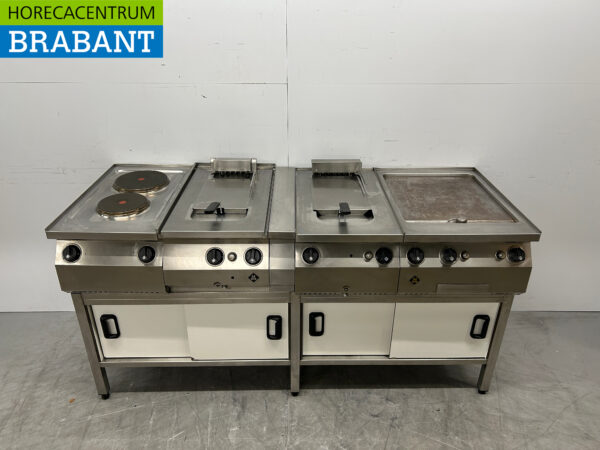 Ligne de cuisson MKN en acier inoxydable 2 brûleurs, 2 x friteuse et plancha 400V Horeca