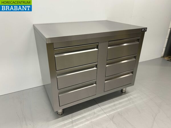 Armoire de travail en acier inoxydable Table de travail Armoire à tiroirs Premium-line 6 tiroirs 1/1 GN 100 cm Horeca – Image 3
