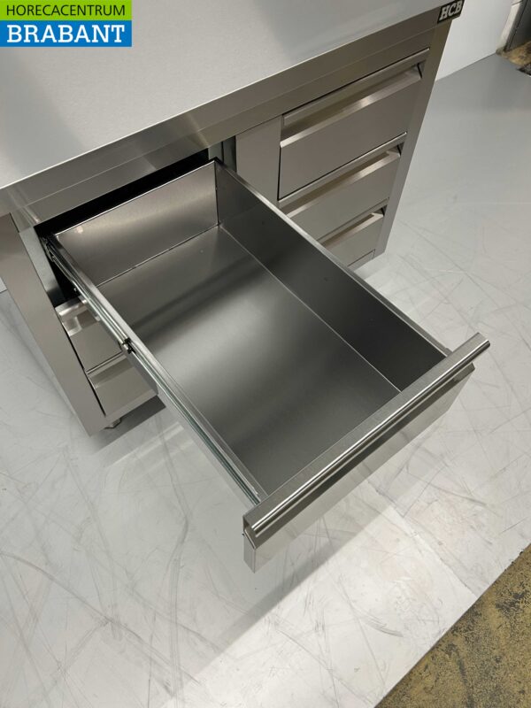 Armoire de travail en acier inoxydable Table de travail Armoire à tiroirs Premium-line 6 tiroirs 1/1 GN 100 cm Horeca – Image 6