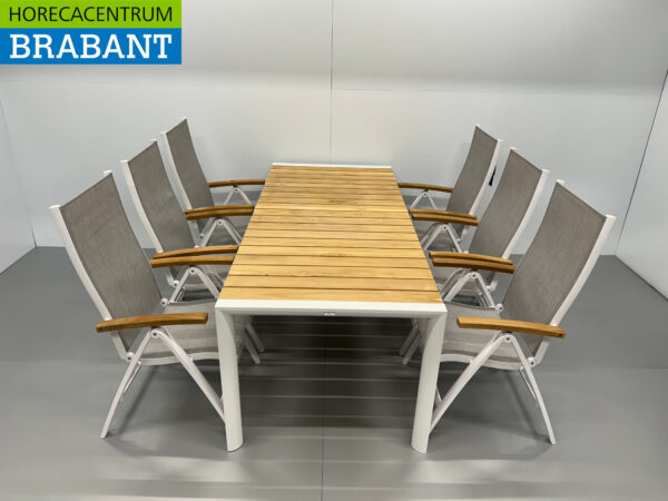 Best Freizeitmöbel Ensemble de terrasse table à manger avec 6 chaises pliantes Teck blanc Horeca – Image 2