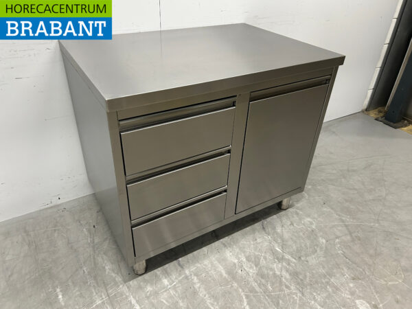 Armoire de travail en acier inoxydable Table de travail Poubelle et 3 tiroirs 100 cm Restauration – Image 3