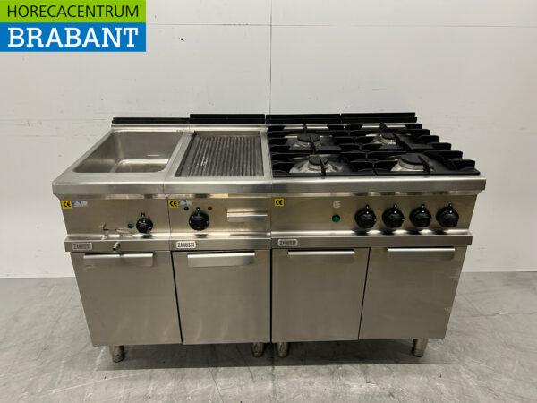 Ligne de cuisson Zanussi en acier inoxydable composée d'un bain-marie, d'une plaque de cuisson et d'une cuisinière à 4 brûleurs 140 cm 230V + 400V + GAZ Horeca