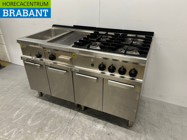 Ligne de cuisson Zanussi en acier inoxydable composée d'un bain-marie, d'une plaque de cuisson et d'une cuisinière à 4 brûleurs 140 cm 230V + 400V + GAZ Horeca – Image 2