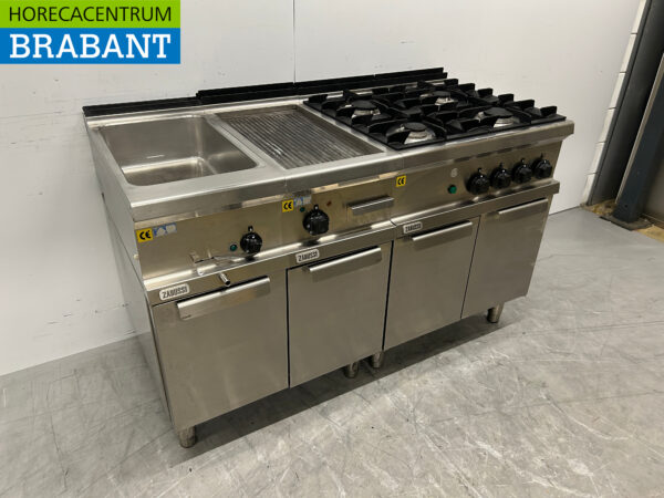 Ligne de cuisson Zanussi en acier inoxydable composée d'un bain-marie, d'une plaque de cuisson et d'une cuisinière à 4 brûleurs 140 cm 230V + 400V + GAZ Horeca – Image 3