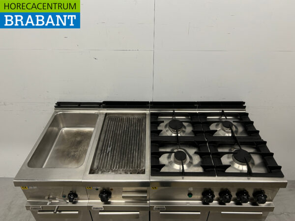 Ligne de cuisson Zanussi en acier inoxydable composée d'un bain-marie, d'une plaque de cuisson et d'une cuisinière à 4 brûleurs 140 cm 230V + 400V + GAZ Horeca – Image 4