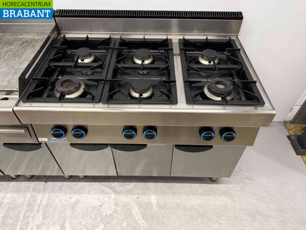Acier inoxydable Ligne de cuisson modulaire composée d'une unité aveugle, d'un bain-marie, d'une plaque de cuisson et d'une cuisinière à 6 brûleurs 230 cm 230V + 400V + GAZ Horeca – Image 4