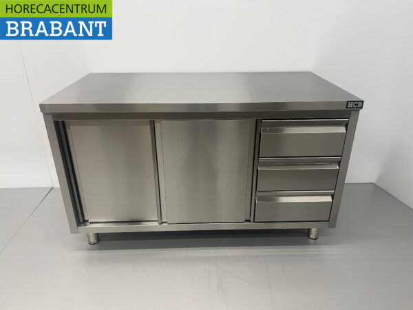 Acier inoxydable Premium-line Armoire Table de travail 2 portes coulissantes et 3 tiroirs 140 cm Horeca