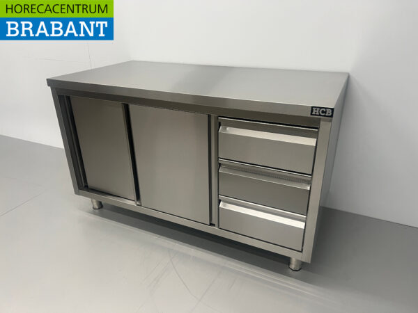 Acier inoxydable Premium-line Armoire Table de travail 2 portes coulissantes et 3 tiroirs 140 cm Horeca – Image 2