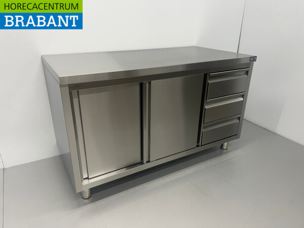 Acier inoxydable Premium-line Armoire Table de travail 2 portes coulissantes et 3 tiroirs 140 cm Horeca – Image 3
