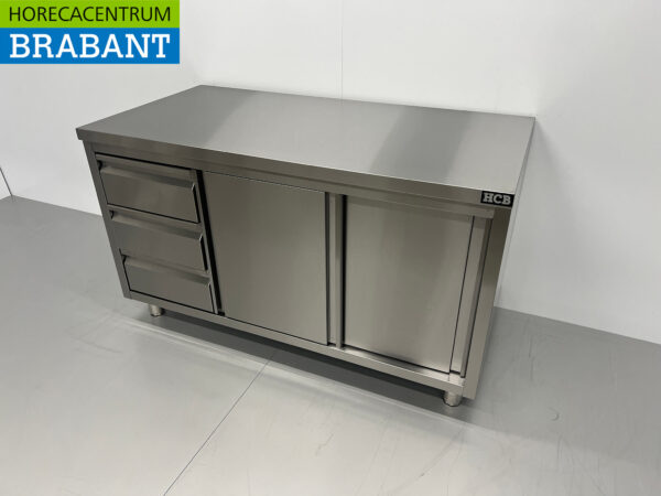 Armoire de travail en acier inoxydable Armoire Table de travail Premium-line 2 portes coulissantes et 3 tiroirs 140 cm Restauration – Image 2