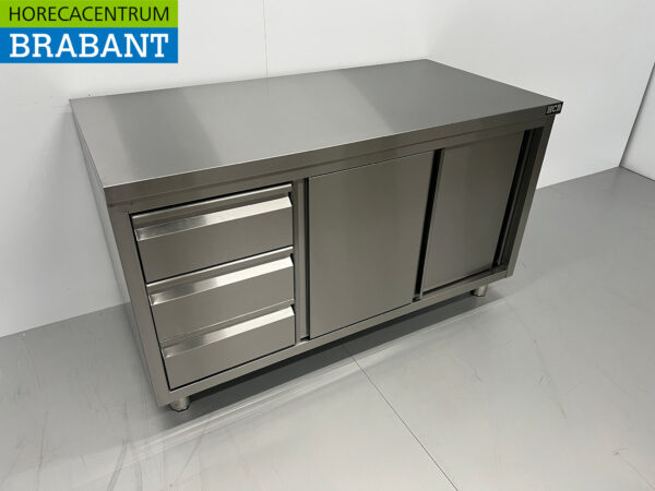Armoire de travail en acier inoxydable Armoire Table de travail Premium-line 2 portes coulissantes et 3 tiroirs 140 cm Restauration – Image 3