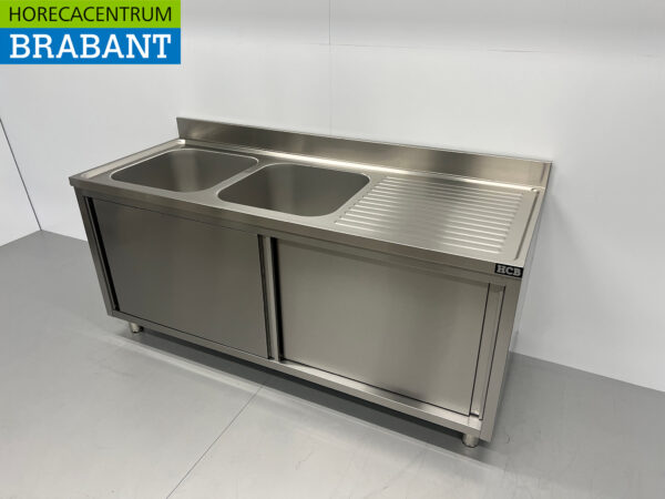 Acier inoxydable Double table d'évier 2 portes coulissantes Premium-line 180 cm Catering – Image 2