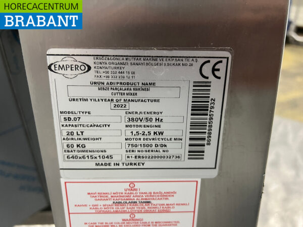 Empero en acier inoxydable Coupeur / Mixeur / Coupeur de légumes 20 litres 230V Horeca – Image 8