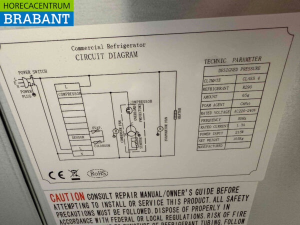 Établi réfrigéré en acier inoxydable 2 portes 133 cm 230V Horeca (kopie) – Image 5