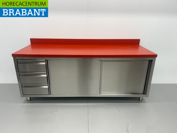 Acier inoxydable Polyéthylène PE Armoire de travail Table de découpe Premium-line 2 portes coulissantes 3 tiroirs 200 cm Restauration Boucherie